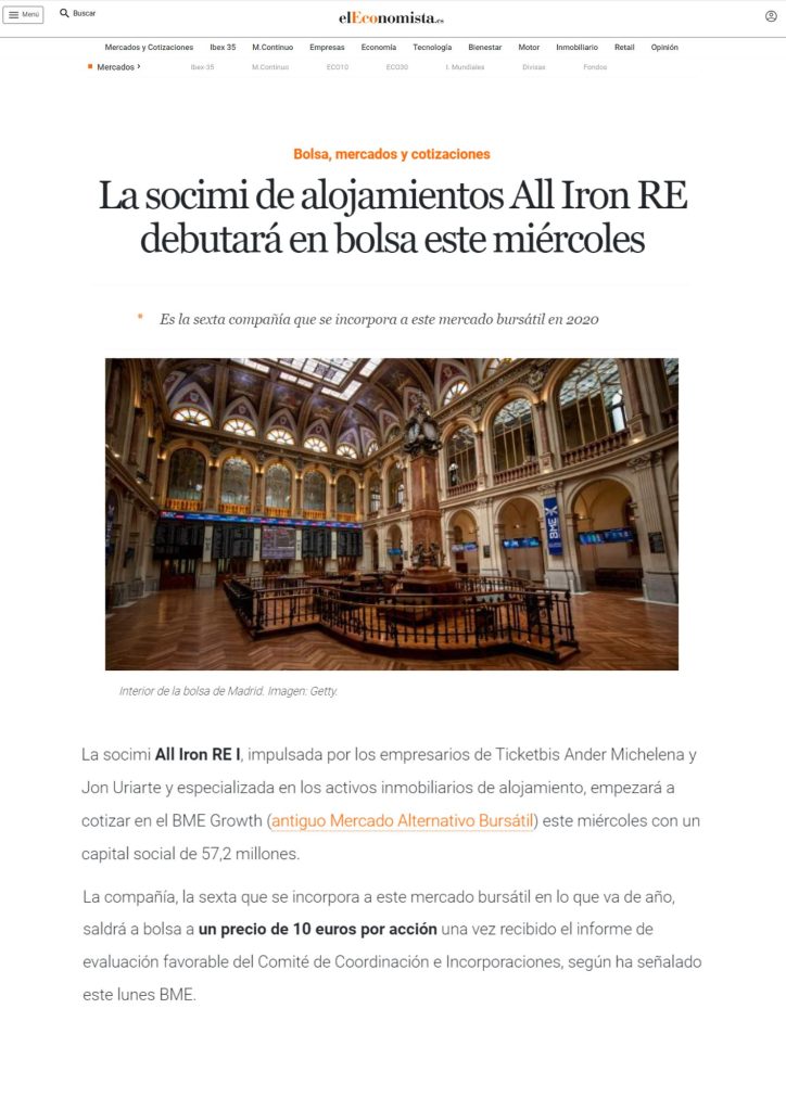 La socimi de alojamientos All Iron RE debutará en bolsa este miércoles