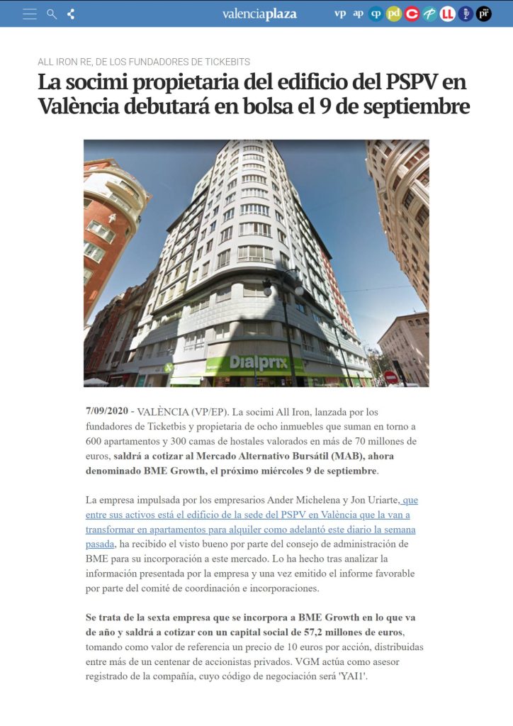 La socimi propietaria del edificio del PSPV en València debutará en bolsa el 9 de septiembre Viewpoint