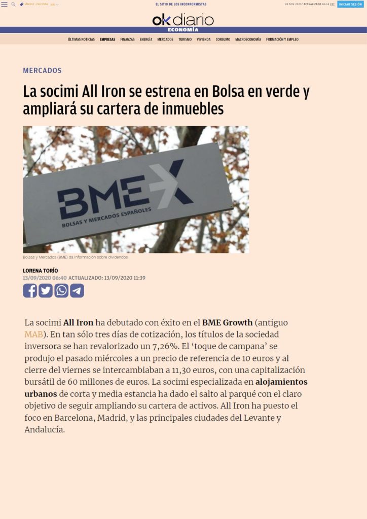 La socimi All Iron se estrena en Bolsa en verde y ampliará su cartera de inmuebles Viewpoint