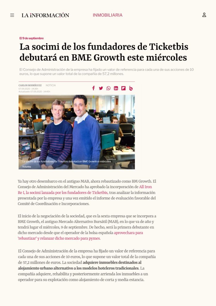 La socimi de los fundadores de Ticketbis debutará en BME Growth este miércoles Viewpoint