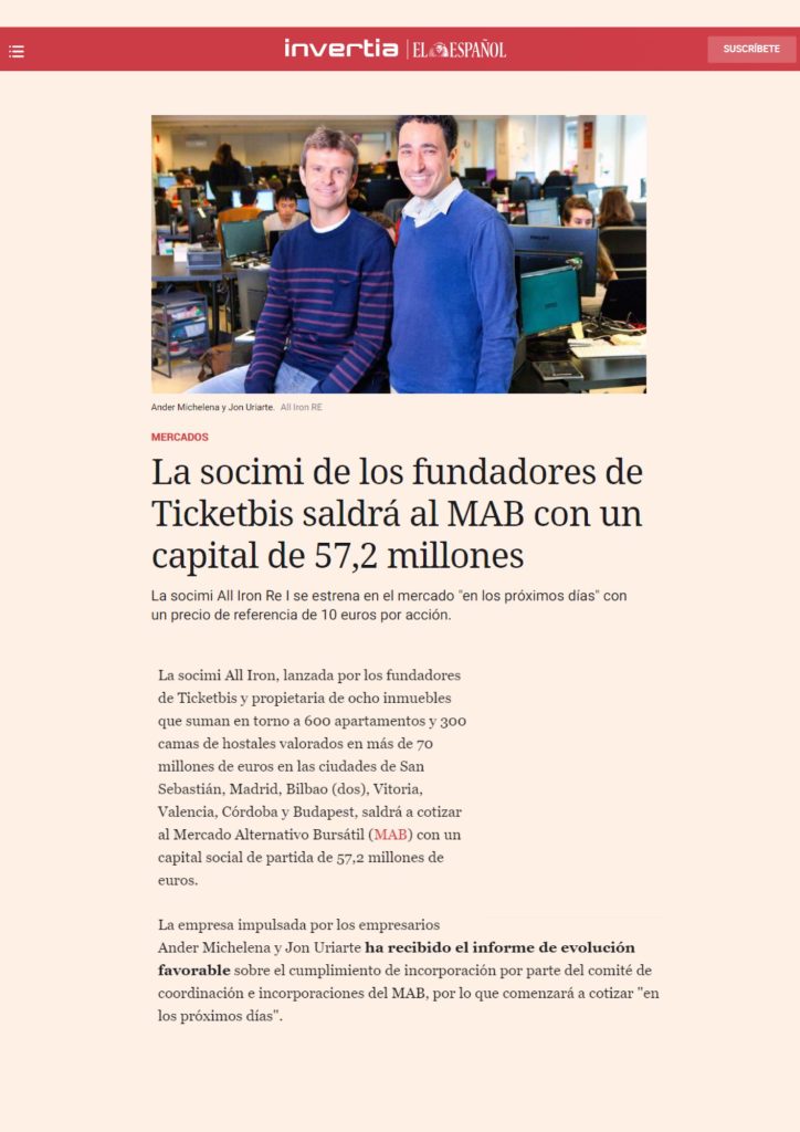 La socimi de los fundadores de Ticketbis saldrá al MAB con un capital de 57,2 millones Viewpoint