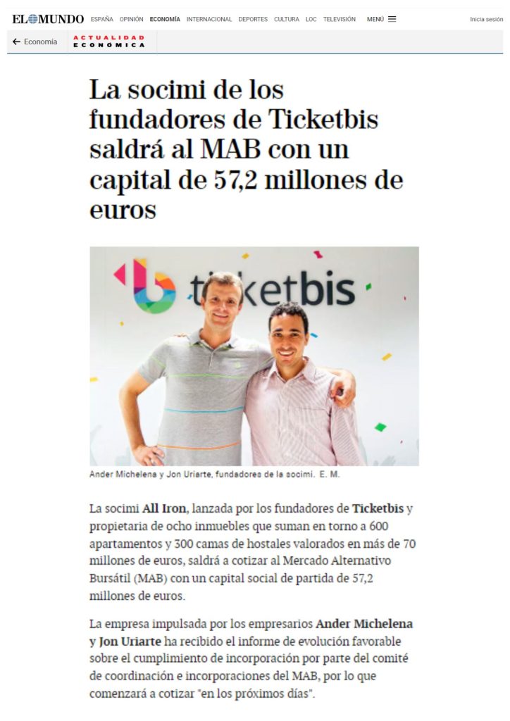 La socimi de los fundadores de Ticketbis saldrá al MAB con un capital de 57,2 millones de euros Viewpoint