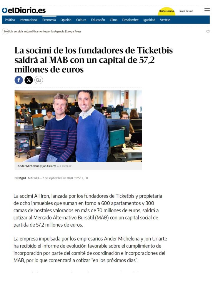 La socimi de los fundadores de Ticketbis saldrá al MAB con un capital de 57,2 millones de euros Viewpoint