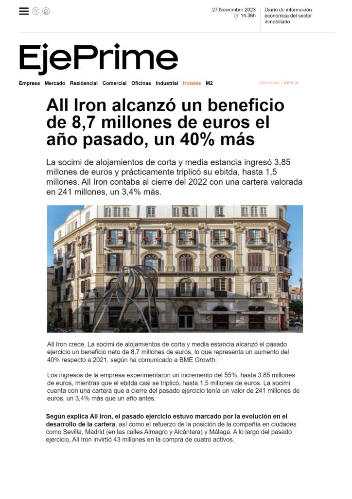 All Iron alcanzó un beneficio de 8,7 millones de euros el año pasado, un 40% más. Viewpoint.