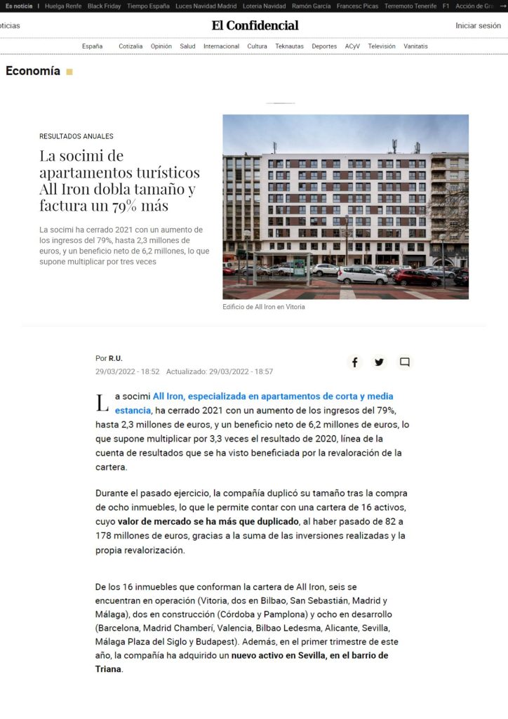 La socimi de apartamentos turísticos All Iron dobla tamaño y factura un 79% más. Viewpoint.