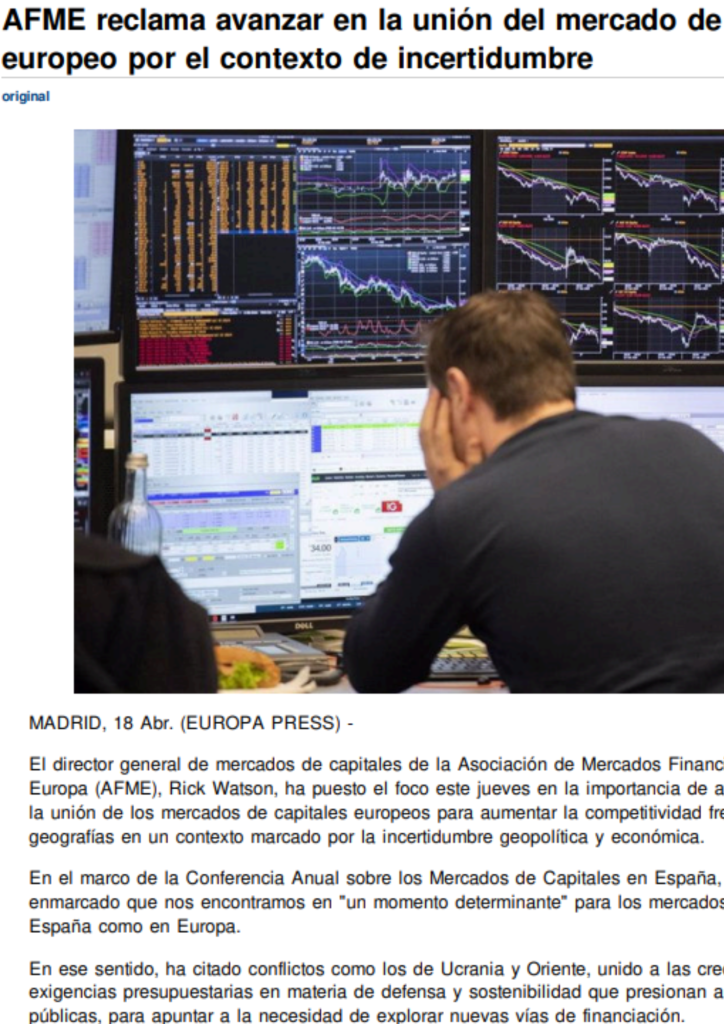 AFME reclama avanzar en la unión del mercado de capitales europeo por el contexto de incertidumbre